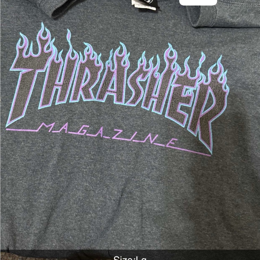 Thrasher Gray Hoodie with Purple and Blue Flame Logo